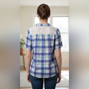 R N B 3X Button Down Top Short Sleeve Crochet Back Boho Plus Size Blouse